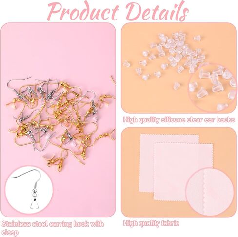 Stainless Steel Earring Hooks 100 Pieces DIY Earrings Making Kit, 50 Silver and Gold Earrings Hooks with 50 Clear Silicone Earring Backs and 2 Polishing Cloth for Jewelry Making in Saudi Arabia