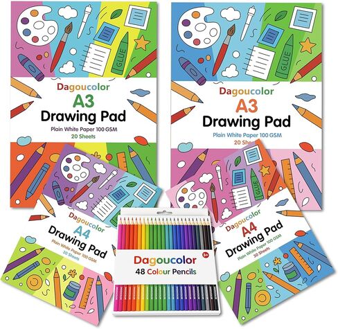مجموعة رسم DagouColor، 48 حزمة (24 لونًا) قلم رصاص ملون، 2 * A4 و2 * A3 لوحة أوراق ناعمة بيضاء سادة مزدوجة الجوانب، 100 جرام في المتر المربع، كتب رسم للفنانين المبتدئين البالغين والأولاد والبنات والأطفال الصغار in Kuwait