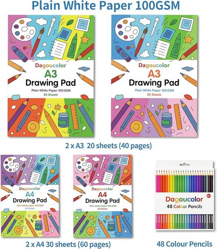 مجموعة رسم DagouColor، 48 حزمة (24 لونًا) قلم رصاص ملون، 2 * A4 و2 * A3 لوحة أوراق ناعمة بيضاء سادة مزدوجة الجوانب، 100 جرام في المتر المربع، كتب رسم للفنانين المبتدئين البالغين والأولاد والبنات والأطفال الصغار in Kuwait