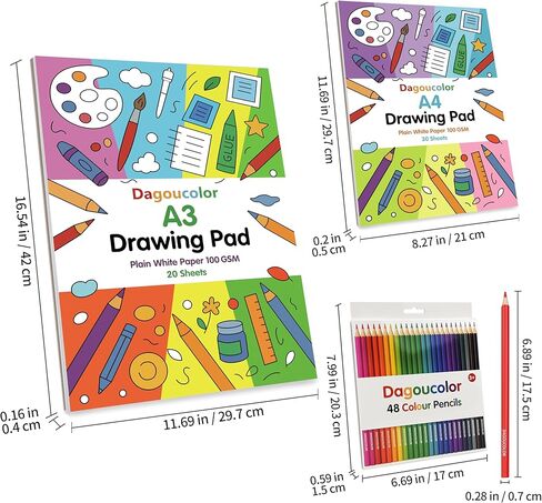 مجموعة رسم DagouColor، 48 حزمة (24 لونًا) قلم رصاص ملون، 2 * A4 و2 * A3 لوحة أوراق ناعمة بيضاء سادة مزدوجة الجوانب، 100 جرام في المتر المربع، كتب رسم للفنانين المبتدئين البالغين والأولاد والبنات والأطفال الصغار in Kuwait