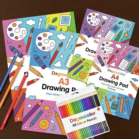 مجموعة رسم DagouColor، 48 حزمة (24 لونًا) قلم رصاص ملون، 2 * A4 و2 * A3 لوحة أوراق ناعمة بيضاء سادة مزدوجة الجوانب، 100 جرام في المتر المربع، كتب رسم للفنانين المبتدئين البالغين والأولاد والبنات والأطفال الصغار in Kuwait