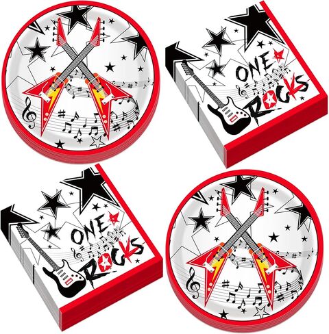 Rock Music Party Plates and Napkins for 24 Guests 64 Pcs Guitar Music Note Party Supplies Disposable Tableware Set One Rocks Paper Plates Napkins for Music Notes Theme Birthday Party Supplies in Saudi Arabia