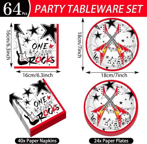 Rock Music Party Plates and Napkins for 24 Guests 64 Pcs Guitar Music Note Party Supplies Disposable Tableware Set One Rocks Paper Plates Napkins for Music Notes Theme Birthday Party Supplies in Saudi Arabia