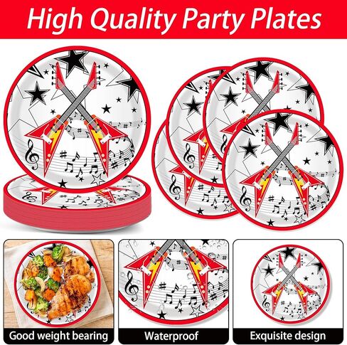 Rock Music Party Plates and Napkins for 24 Guests 64 Pcs Guitar Music Note Party Supplies Disposable Tableware Set One Rocks Paper Plates Napkins for Music Notes Theme Birthday Party Supplies in Saudi Arabia