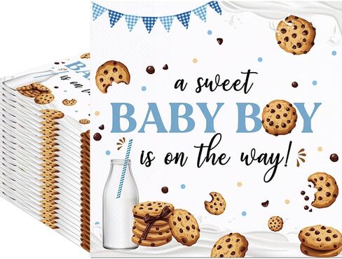 80Pcs Cookie Baby Shower Paper Napkins A Sweet Baby Boy is On The Way Disposable Napkin Cookie and Milk Printed Decorative Napkins Party Supplies Table Decor in Kuwait