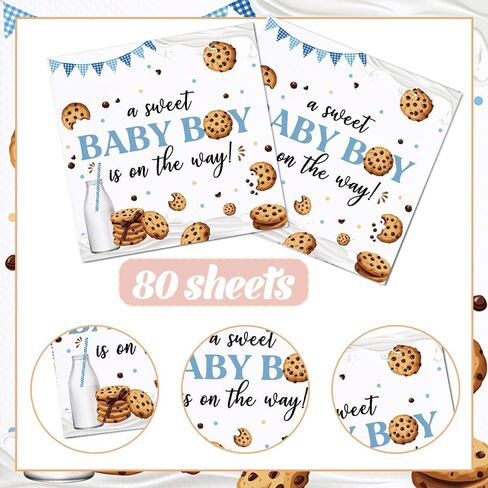 80Pcs Cookie Baby Shower Paper Napkins A Sweet Baby Boy is On The Way Disposable Napkin Cookie and Milk Printed Decorative Napkins Party Supplies Table Decor in Kuwait