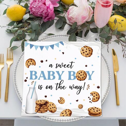 80Pcs Cookie Baby Shower Paper Napkins A Sweet Baby Boy is On The Way Disposable Napkin Cookie and Milk Printed Decorative Napkins Party Supplies Table Decor in Kuwait