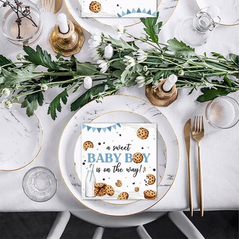 80Pcs Cookie Baby Shower Paper Napkins A Sweet Baby Boy is On The Way Disposable Napkin Cookie and Milk Printed Decorative Napkins Party Supplies Table Decor in Kuwait