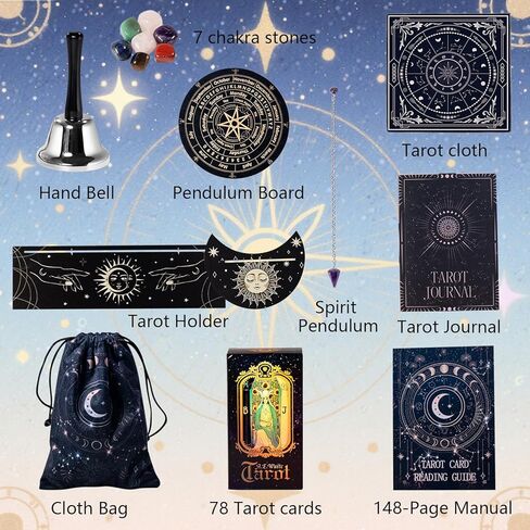 Tarot Cards Set for Beginners with Guide Book - Include 7 Chakra Stones, 1 Deck of 78 Cards, Manual, 2 Card Holders, Pendulum Board, Spirit Pendulum, Hand Bell, Bag, Tarot Journal, Cloth (pink) in Saudi Arabia