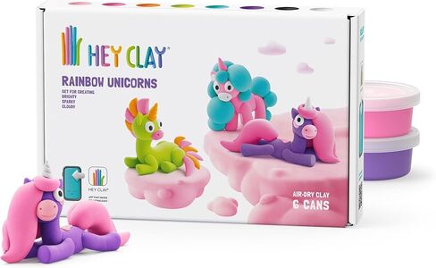 الطين الجاف بالهواء الملون من HEY CLAY للأطفال، 6 علب مع تطبيق تعليمات تفاعلية ممتعة - أنشطة الأطفال بعمر 3 سنوات فما فوق (قوس قزح وحيد القرن: ساطع، غائم، سباركي) in Kuwait