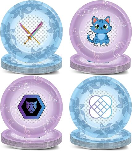 48PCS Demon Movie Party Supplies 7" Animations Theme Birthday Parties Dessert Plates Anime Demon Themed Decorations Tableware Set Blue Purple Music Flowers Disposable Paper Plates for Kids Girls Favor in Saudi Arabia