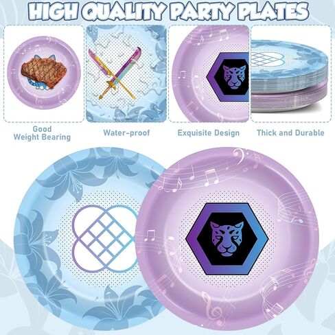 48PCS Demon Movie Party Supplies 7" Animations Theme Birthday Parties Dessert Plates Anime Demon Themed Decorations Tableware Set Blue Purple Music Flowers Disposable Paper Plates for Kids Girls Favor in Saudi Arabia