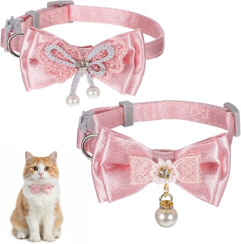 2 PCS Bow Cat Collars for Girl Cats, Pink Adjustable Cat Collar Girl Kitten Breakaway Collar with Pendant, Cute Bow Breakaway Female Collars in Saudi Arabia