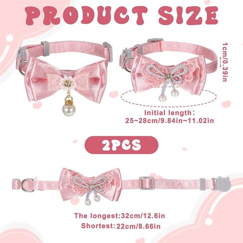 2 PCS Bow Cat Collars for Girl Cats, Pink Adjustable Cat Collar Girl Kitten Breakaway Collar with Pendant, Cute Bow Breakaway Female Collars in Saudi Arabia