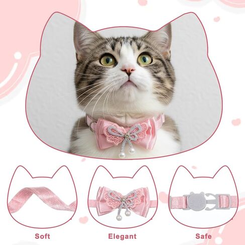 2 PCS Bow Cat Collars for Girl Cats, Pink Adjustable Cat Collar Girl Kitten Breakaway Collar with Pendant, Cute Bow Breakaway Female Collars in Saudi Arabia