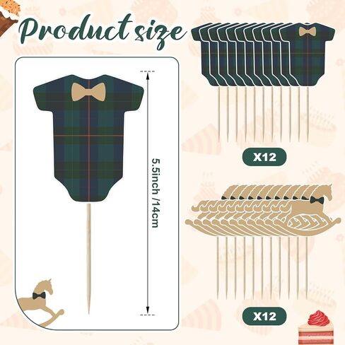 Novabright 24 Pcs Green Blue Tartan Plaids Shirt and Rocking Horse Cupcake Toppers Decoration Kits for Baby Shower Birthday Party Decorations Supplies in Saudi Arabia