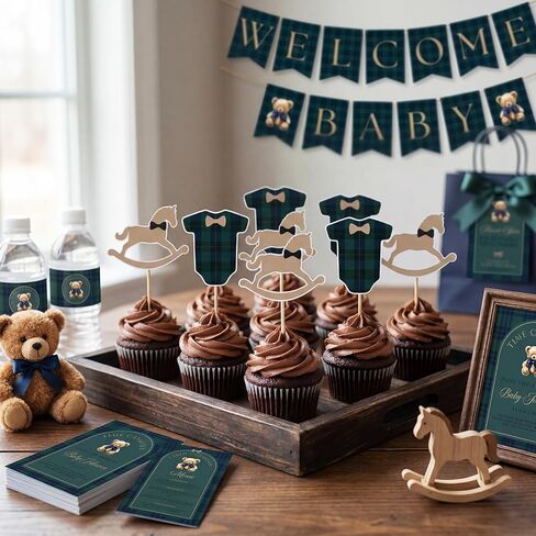 Novabright 24 Pcs Green Blue Tartan Plaids Shirt and Rocking Horse Cupcake Toppers Decoration Kits for Baby Shower Birthday Party Decorations Supplies in Saudi Arabia