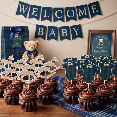 Novabright 24 Pcs Green Blue Tartan Plaids Shirt and Rocking Horse Cupcake Toppers Decoration Kits for Baby Shower Birthday Party Decorations Supplies in Saudi Arabia