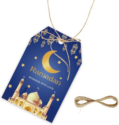 50pcs Ramadan Thank You Tags, Eid Mubarak Gift Tag with String for Muslim Party, Mosque Thank You Paper Tags for Islamic Party Favors in Saudi Arabia