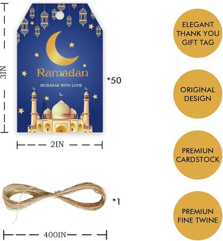 50pcs Ramadan Thank You Tags, Eid Mubarak Gift Tag with String for Muslim Party, Mosque Thank You Paper Tags for Islamic Party Favors in Saudi Arabia