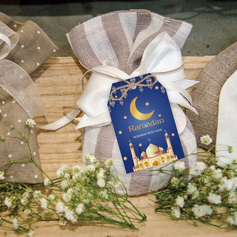 50pcs Ramadan Thank You Tags, Eid Mubarak Gift Tag with String for Muslim Party, Mosque Thank You Paper Tags for Islamic Party Favors in Saudi Arabia