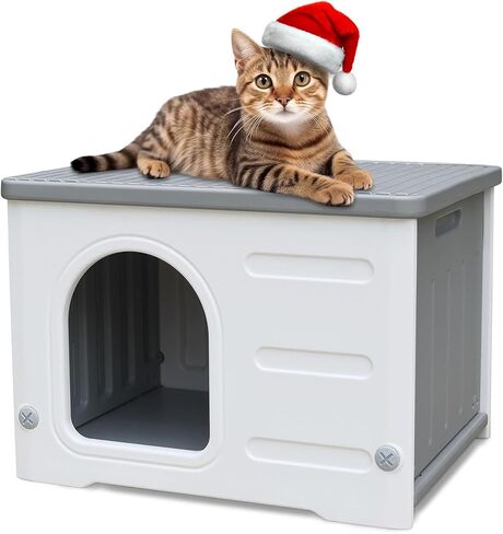 Waterproof Outdoor Cat House with Soft Mat, Plastic Cat Houses for Outdoor Cats Feral Cat House, Sturdy Cat Bed for Small Pet, Spacious, Assemble Easily-Grey in Saudi Arabia