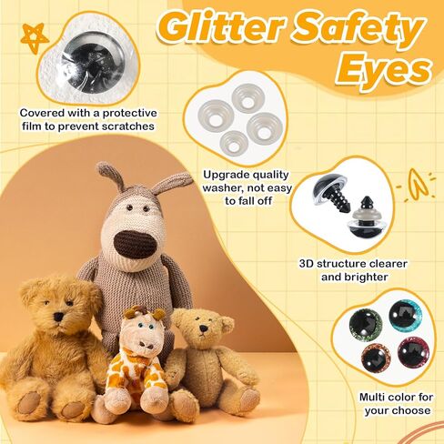 Nogeqi 48PCS Glitter Safety Eyes for Crocheting, 3D Amigurumi Eyes with Washers, 4 Colors Moon Stuffed Crochet Eye for Animals Doll Crafts Toy Making (12mm, 16mm, 18mm) in Saudi Arabia