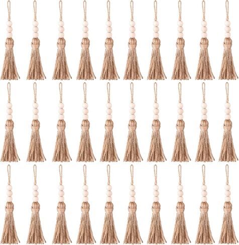 HOVEOX 30 Pieces Jute Rope Tassel with Wood Beads Craft Tassels Keychain Tassels for DIY Craft Project Wedding Home Party Decorations (30) in Saudi Arabia