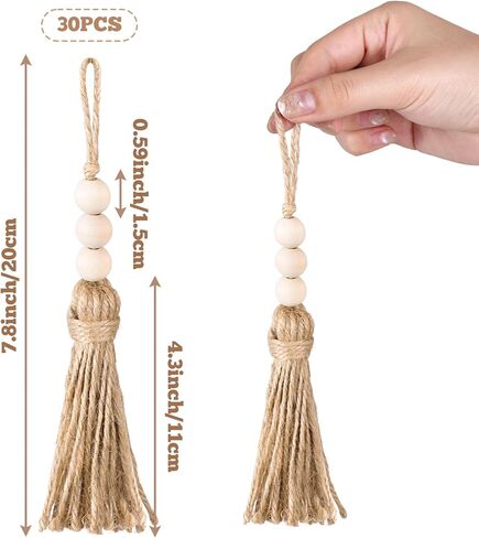 HOVEOX 30 Pieces Jute Rope Tassel with Wood Beads Craft Tassels Keychain Tassels for DIY Craft Project Wedding Home Party Decorations (30) in Saudi Arabia