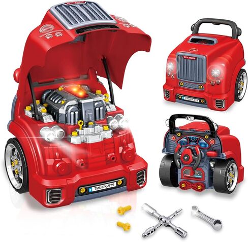 Playbees Red Truck Engine Repair Toy – Kids Mechanic Repair Set with Tools, Lights & Sounds – Interactive Take-Apart Engine Builder Truck, Great in Saudi Arabia