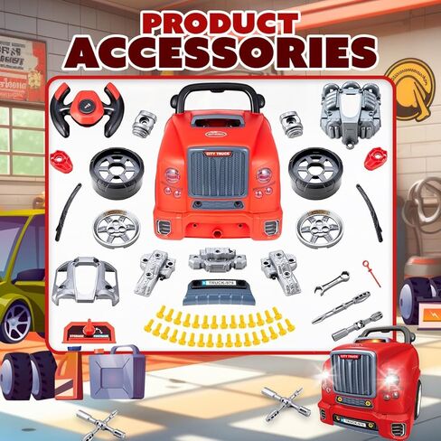 Playbees Red Truck Engine Repair Toy – Kids Mechanic Repair Set with Tools, Lights & Sounds – Interactive Take-Apart Engine Builder Truck, Great in Saudi Arabia