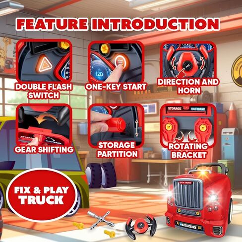 Playbees Red Truck Engine Repair Toy – Kids Mechanic Repair Set with Tools, Lights & Sounds – Interactive Take-Apart Engine Builder Truck, Great in Saudi Arabia