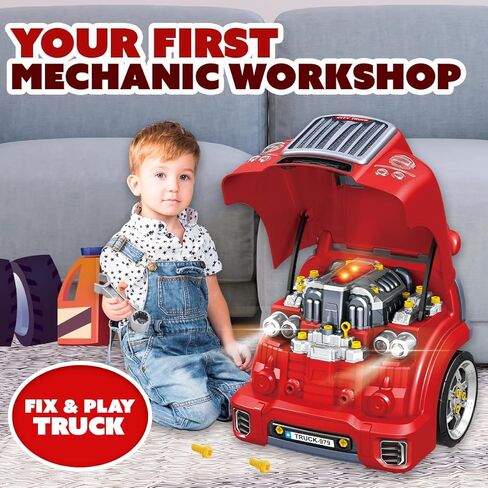 Playbees Red Truck Engine Repair Toy – Kids Mechanic Repair Set with Tools, Lights & Sounds – Interactive Take-Apart Engine Builder Truck, Great in Saudi Arabia
