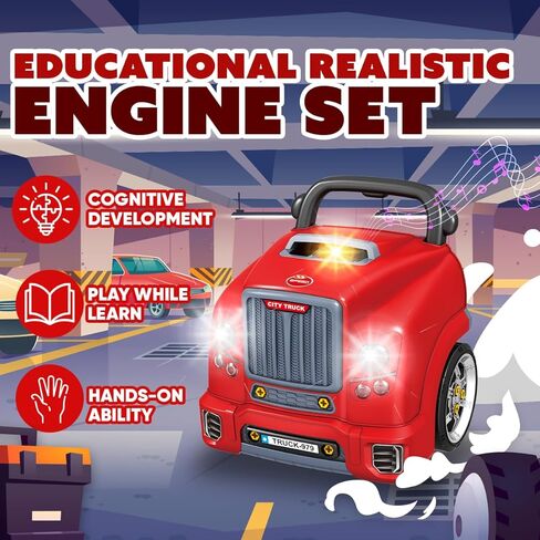 Playbees Red Truck Engine Repair Toy – Kids Mechanic Repair Set with Tools, Lights & Sounds – Interactive Take-Apart Engine Builder Truck, Great in Saudi Arabia