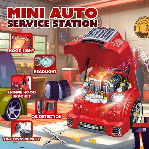 Playbees Red Truck Engine Repair Toy – Kids Mechanic Repair Set with Tools, Lights & Sounds – Interactive Take-Apart Engine Builder Truck, Great in Saudi Arabia