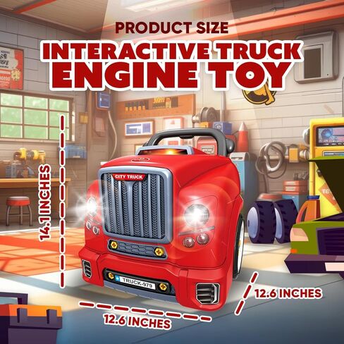 Playbees Red Truck Engine Repair Toy – Kids Mechanic Repair Set with Tools, Lights & Sounds – Interactive Take-Apart Engine Builder Truck, Great in Saudi Arabia