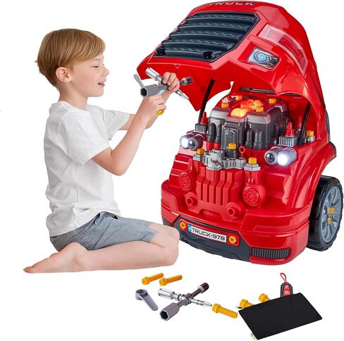 Playbees Red Truck Engine Repair Toy – Kids Mechanic Repair Set with Tools, Lights & Sounds – Interactive Take-Apart Engine Builder Truck, Great in Saudi Arabia