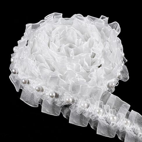 2 Yard Lace Ribbon Trim Organza White Pearl Lace Trim Ruffle Pleated Satin Beads Ruffle Tulle Fabric Edge Bridal Sew On Appliques Patches for DIY Cloth Bag Hat Dress Decoration Sewing Clothing Collar in Saudi Arabia