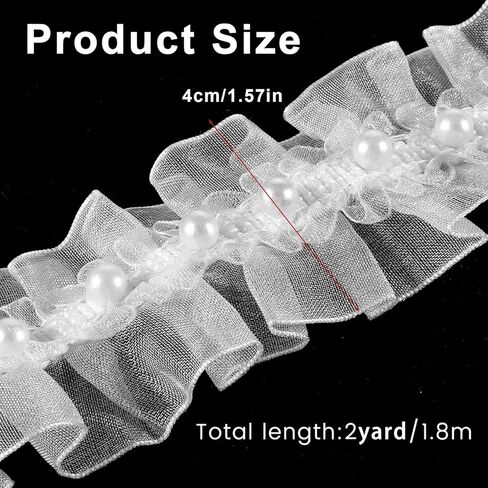 2 Yard Lace Ribbon Trim Organza White Pearl Lace Trim Ruffle Pleated Satin Beads Ruffle Tulle Fabric Edge Bridal Sew On Appliques Patches for DIY Cloth Bag Hat Dress Decoration Sewing Clothing Collar in Saudi Arabia