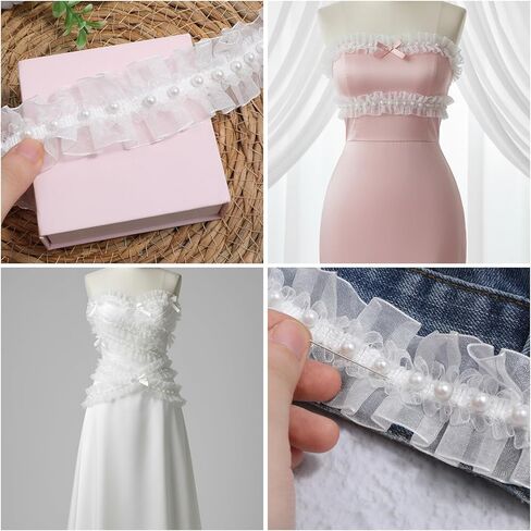 2 Yard Lace Ribbon Trim Organza White Pearl Lace Trim Ruffle Pleated Satin Beads Ruffle Tulle Fabric Edge Bridal Sew On Appliques Patches for DIY Cloth Bag Hat Dress Decoration Sewing Clothing Collar in Saudi Arabia
