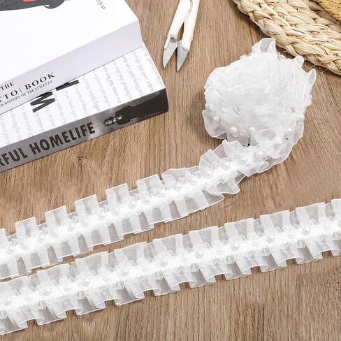 2 Yard Lace Ribbon Trim Organza White Pearl Lace Trim Ruffle Pleated Satin Beads Ruffle Tulle Fabric Edge Bridal Sew On Appliques Patches for DIY Cloth Bag Hat Dress Decoration Sewing Clothing Collar in Saudi Arabia