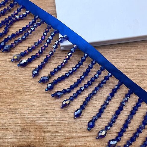 2 Yards Handmade Beaded Hanging Tassel Fringe Trim, Crystal Beads Tassel Fringing Trimmings for Sewing Craft Clothing Accessories (Navy Blue) in Saudi Arabia