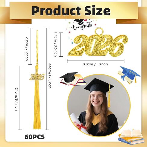 60 Pcs Gold Graduation Cap Tassel Decorations 2026, Grad Tassel Decor with Ornament for Graduation Party Supplies Gifts in Saudi Arabia