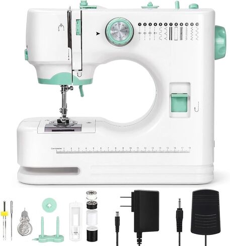 ماكينة خياطة للمبتدئين، ماكينة خياطة كهربائية صغيرة محمولة ذات سرعة مزدوجة ومجموعة ملحقات، 12 غرزة مدمجة، دواسة قدم بإبرة مزدوجة وإضاءة LED للبالغين، للاستخدام المنزلي in Kuwait