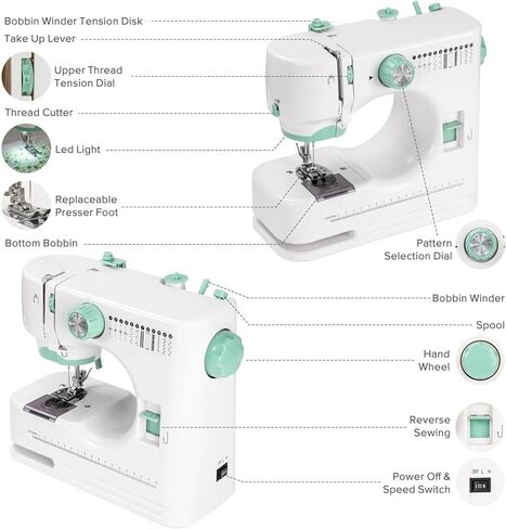 ماكينة خياطة للمبتدئين، ماكينة خياطة كهربائية صغيرة محمولة ذات سرعة مزدوجة ومجموعة ملحقات، 12 غرزة مدمجة، دواسة قدم بإبرة مزدوجة وإضاءة LED للبالغين، للاستخدام المنزلي in Kuwait