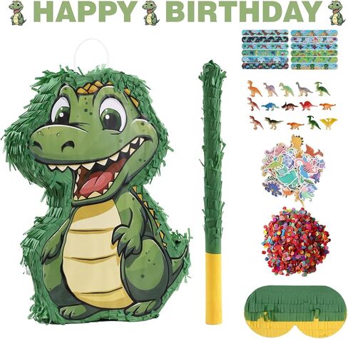 Dinosaur Piñata Party Set, 132 Pieces with Hitting Stick, Confetti, Blindfold, Banner, Bracelets, Toys, Stickers, 15.7x11.8x2.8 Inches, for Birthday Celebrations (Dinosaur) in Saudi Arabia