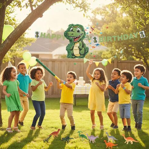 Dinosaur Piñata Party Set, 132 Pieces with Hitting Stick, Confetti, Blindfold, Banner, Bracelets, Toys, Stickers, 15.7x11.8x2.8 Inches, for Birthday Celebrations (Dinosaur) in Saudi Arabia