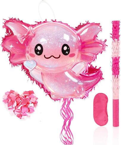 مجموعة Axolotl Pinata - سلسلة سحب Axolotl باللون الوردي اللامع مع معصوب العينين، وخفاش، وقصاصات لتزيين حفلات أعياد الميلاد (16.1 بوصة) in Kuwait