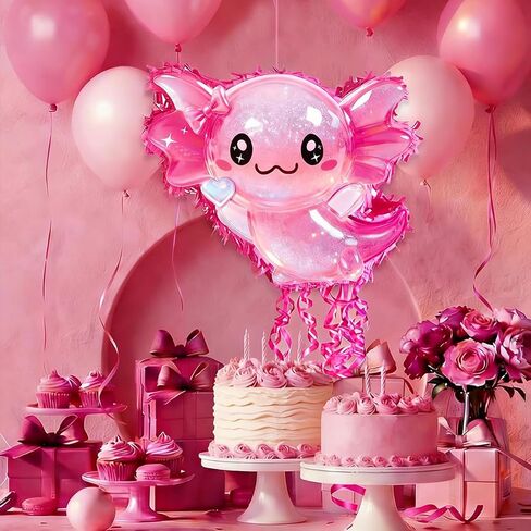مجموعة Axolotl Pinata - سلسلة سحب Axolotl باللون الوردي اللامع مع معصوب العينين، وخفاش، وقصاصات لتزيين حفلات أعياد الميلاد (16.1 بوصة) in Kuwait