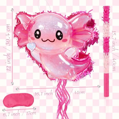 مجموعة Axolotl Pinata - سلسلة سحب Axolotl باللون الوردي اللامع مع معصوب العينين، وخفاش، وقصاصات لتزيين حفلات أعياد الميلاد (16.1 بوصة) in Kuwait